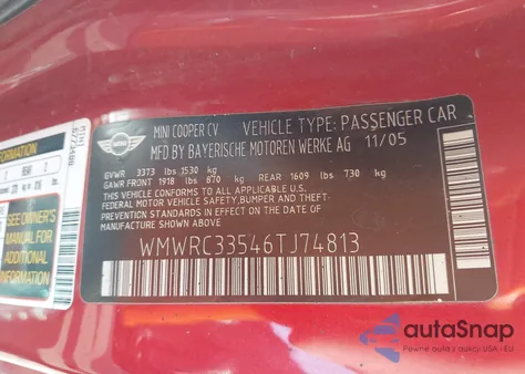 2006 Mini Cooper из США, поврежденный, VIN WMWRC33546TJ74813